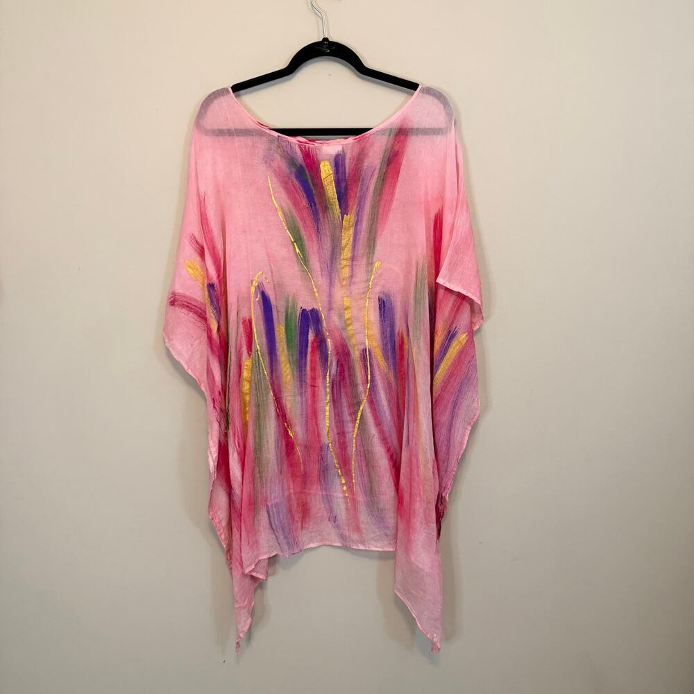 Jennifer Thompson Cover Up Hand Painted Kaftan Pink Large Sheer Boho Resortwear - Picture 2 of 6
